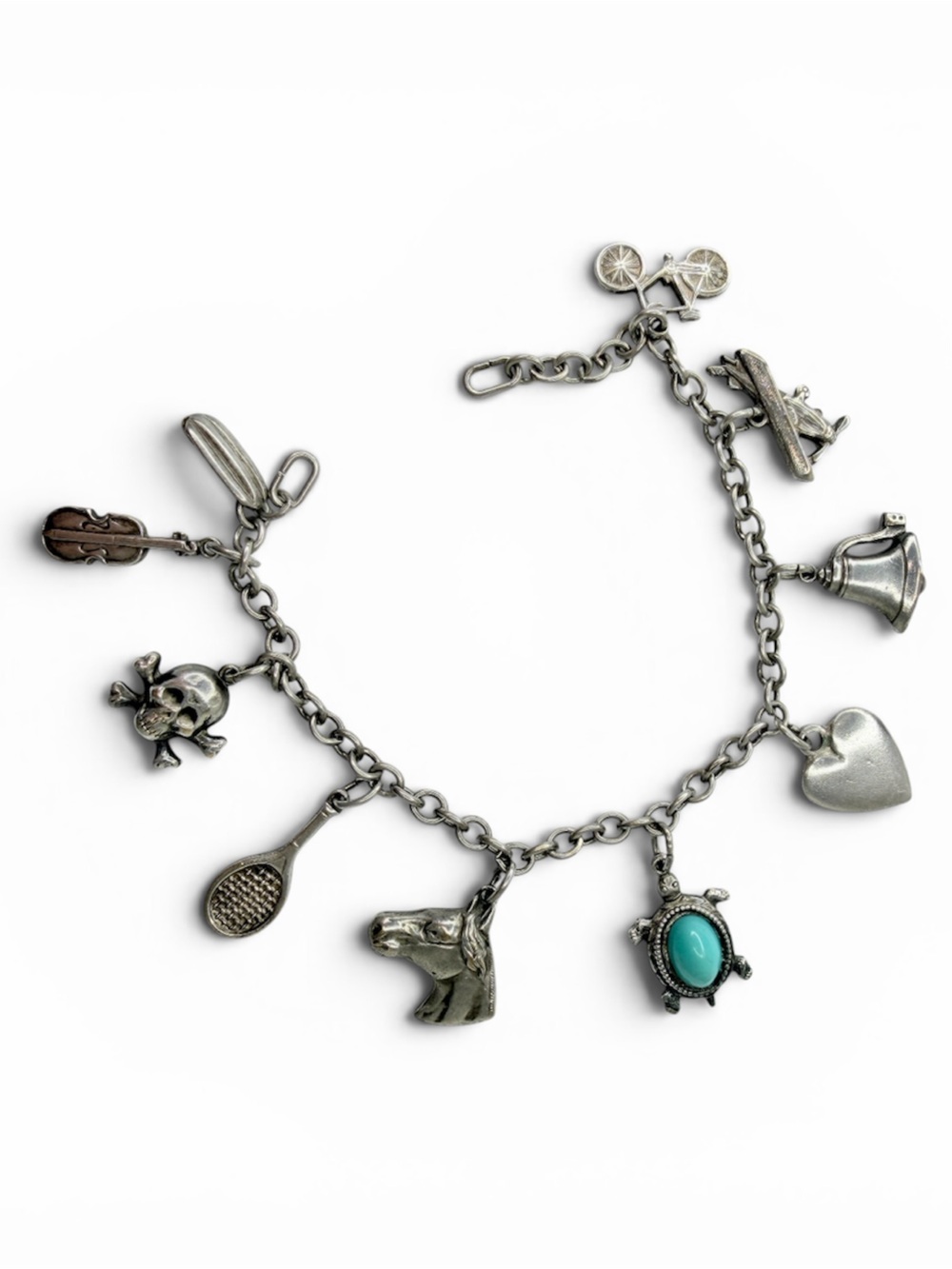 Vintage Silver Tone Charm Bracelet Horse Tennis Bicycle Violin Airplane Skull
